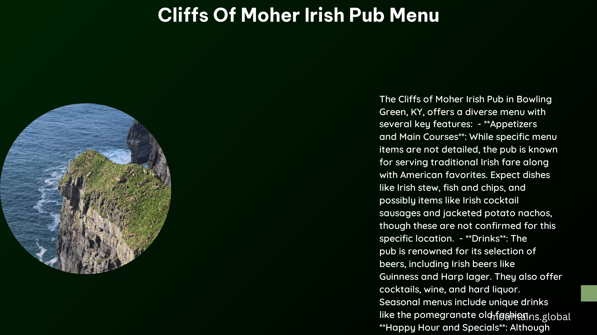 cliffs of moher irish pub menu